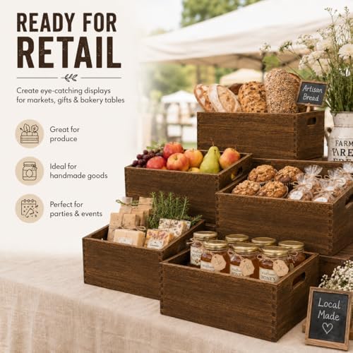 5 Pack Wooden Crates for Display Nesting Wood Crate for Storage with Handle - Image 3