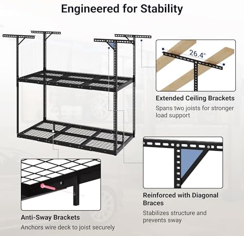 FLEXIMOUNTS 3x6 2-Tier Overhead Ceiling Garage Storage Rack, Black - Image 6