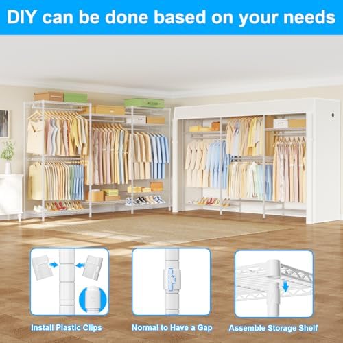 Ulif E13C Pro Heavy Duty Closet Organizer System，Freestanding Clothing Racks for Hanging Clothes，Adjustable Garment Rack 75" W x16 D x77 H Hold 1000lbs，White Rack with White Dustproof Cover - Image 4