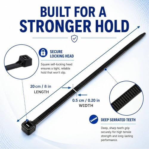 Zip Ties 8 inch, 100 Pack Heavy Duty Black Zip Ties with 100 lbs Tensile Strength, Self-Locking Nylon Cable Ties,Wire Ties for indoor and outdoor use. - Image 2