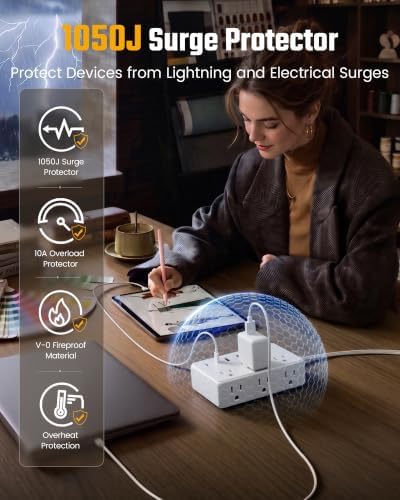 25Ft Long Extension Cord, PD20W, 6 outlets, 2A2C, Flat Plug Surge Protector - Image 6