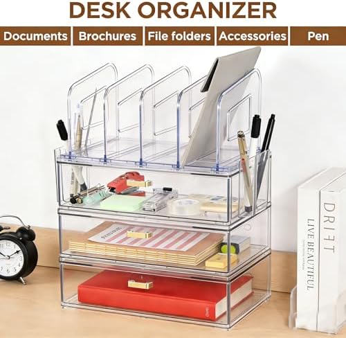 LALOBLUE Acrylic Desk Organizer with 4-Vertical File Holder Rack, 3-Clear Drawer and 2 Pen Holders, Desktop Storage for Office Desk Accessories School Classroom Organization (Clear) - Image 4
