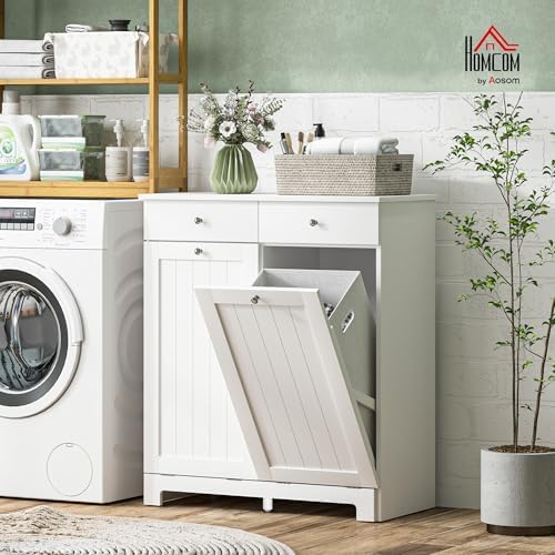 HOMCOM Laundry Cabinet with 2 Removable Baskets, Tilt Out Hamper, White - Image 2