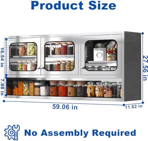 ZZV 59” Kitchen Wall Cabinet, Stainless Steel Wall Mounted Cabinet with Adjustable Shelves, Industrial Wall Storage Cabinet for Garage, Warehouse, No Assembly Required, 11.82D x 59.06W x 27.56H in - Image 3