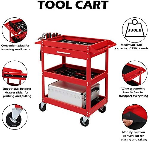 TUFFIOM 3 Tier Rolling Tool Cart on Wheels with Drawer, 330 LBS Capacity, Heavy Duty Commercial Utility Tool Service Cart, Tool Organizer for Mechanic, Garage, Warehouse & Repair Shop - Image 3