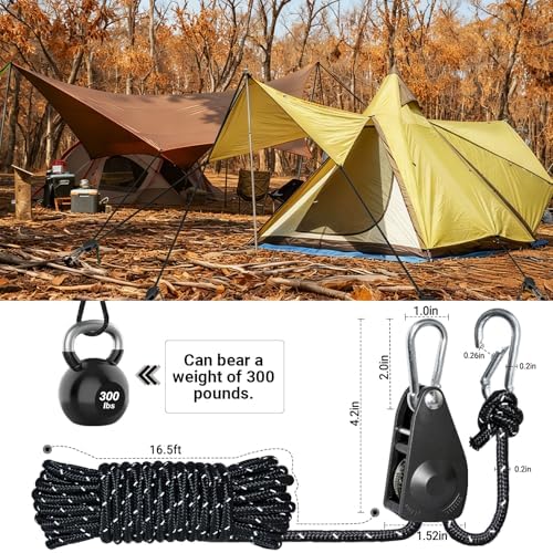 Camping Ropes Guy Line - Tarp Tie Down Ropes with Ratchet System, Pulley & Reinforced Metal Gear - Adjustable Heavy Duty Guy Lines for Canopy Tent, Quick Setup Outdoor Strap-4Pack - 6Pack - Image 2