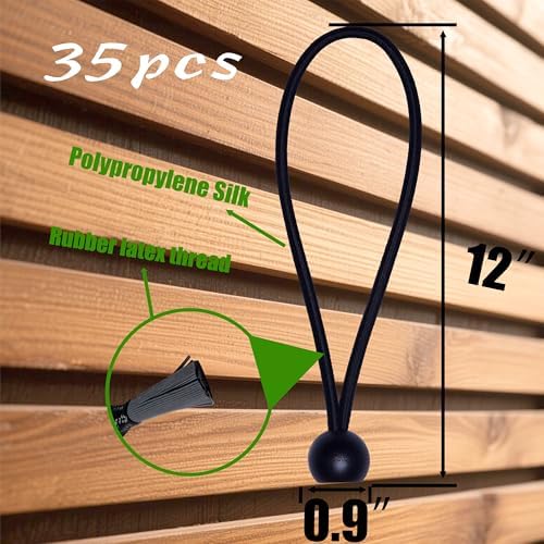 Bungee Cords with Balls 35PCS, 12 Inch Heavy Duty Ball Bungees for Canopy Tarp, Tent, Outdoor, Black Elastic Ties for Secure Hold – No Odor, Durable, UV Resistant (35, B12) - Image 2