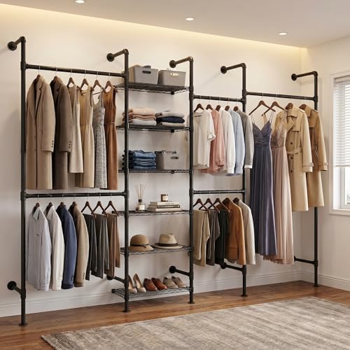 F4 Wall Mounted Closet System, Industrial Pipe Clothing Rack for Hanging Clothes, Heavy Duty Closet Organizer System, Clothes Racks with Shelves & Expandable Rod for Wardrobe, Corner, Black by Salamir