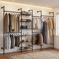 F4 Wall Mounted Closet System, Industrial Pipe Clothing Rack for Hanging Clothes, Heavy Duty Closet Organizer System, Clothes Racks with Shelves & Expandable Rod for Wardrobe, Corner, Black by Salamir