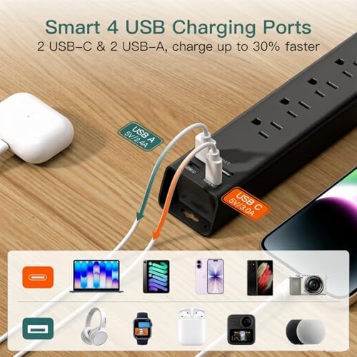 10ft Power Strip Surge Protector with 6 Outlets and 4 USB Ports - Image 5