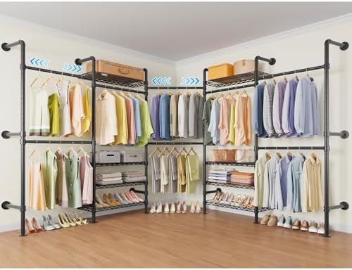 Timate L Shape Closet Rack Wall Mount for Corner, Heavy Duty Hanging Garment Rack Clothing Rack with 8 Adjustable Shelves & 4 Hanger Rods, Closet System for Hanging Clothes, Black - Image 2