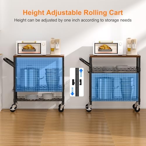 NTE Rolling Kitchen Carts on Wheels, 650Lbs Capacity 3 Tier Utility Cart with Wood Tabletop, Kitchen Storage Cart with 8 Hooks, Metal Serving Cart with Handle and Shelf Liners for Kitchen, Black - Image 6