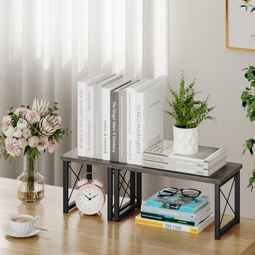 Honiter Desk Shelf for Top of Desk, Wood Desktop Shelf, 2 Tier Adjustable Bookshelf Organizer, Freestanding Stackable Desk Stand Storage Organizers Kitchen Counter Display Rack - Image 2