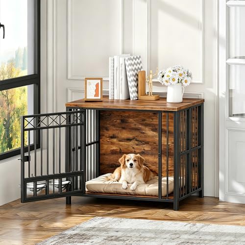 HOOBRO Foldable Dog Crate Furniture with 360° Rotating Double Bowls, Dog Crate End Table, Foldable for Travel, Holds 110 lb, for Small to Medium Dogs, Rustic Brown and Black BF61GW03 - Image 6