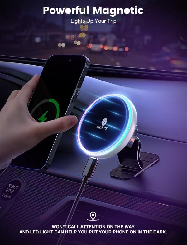 for Magsafe Car Mount Charger 15W LED RGB Car Phone Holder for Dash Vent - Image 5