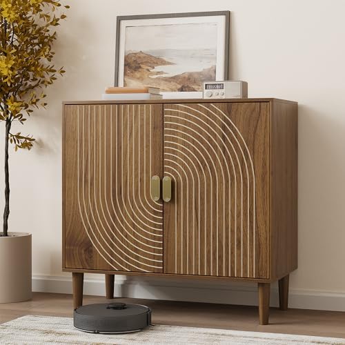 Smuxee Walnut Sideboard Cabinet, Freestanding Buffet Cabinet with Line Groove Design, Wood Storage Cabinet with Adjustable Shelf for Living Room, Entryway, Hallway by Smuxee