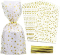 100 Pcs Star Printed 5"X 11" Gift Wrap Cello Cellophane Treat Bags Party Favor bags Clear Candy Cookie Bags Plastic Poly Goodie Storage Bags with Twist Ties for Bakery,Birthday, Wedding ,Party Decorations (Gold) by COQOFA