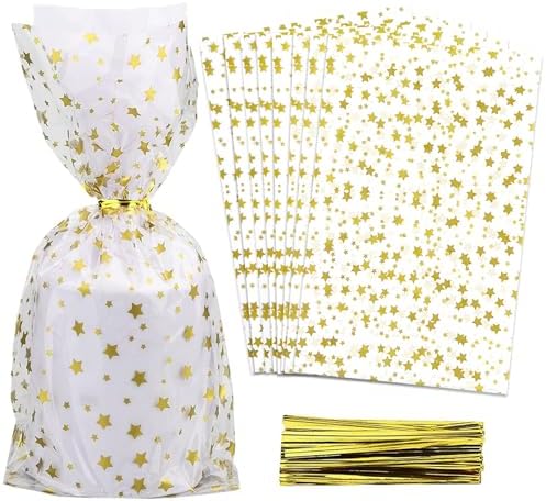 100 Pcs Star Printed 5"X 11" Gift Wrap Cello Cellophane Treat Bags Party Favor bags Clear Candy Cookie Bags Plastic Poly Goodie Storage Bags with Twist Ties for Bakery,Birthday, Wedding ,Party Decorations (Gold) by COQOFA