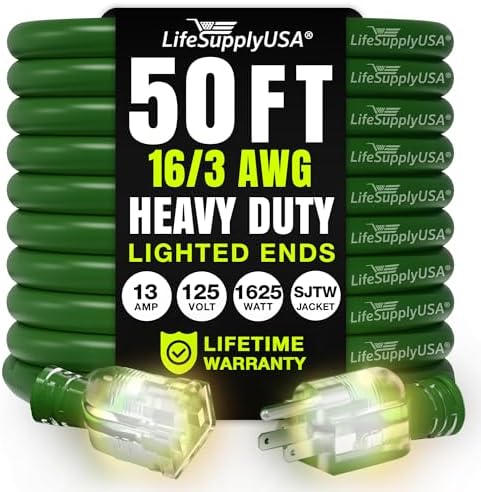 50ft Outdoor/Indoor Extension Cord 16/3 Gauge Heavy Duty 3 Prong SJTW, by LifeSupplyUSA