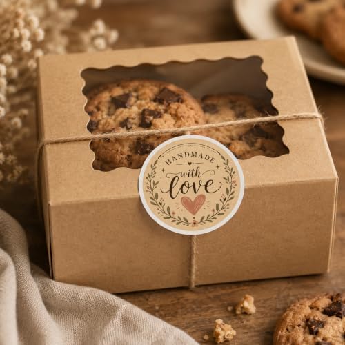 60pcs Handmade with Love Stickers, Kraft Floral Wreath Packaging Labels, Small Business Branding Seal Stickers for Handmade Products, Round 2 Inch Thank You Tags - Image 5