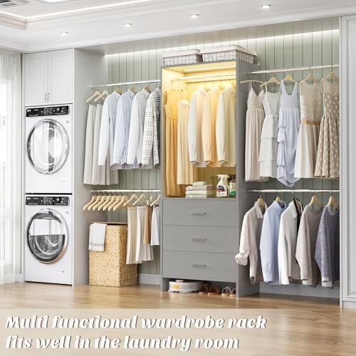 Aheaplus Closet System with Motion-Sensing Light, 3 Wooden Drawers and 4 Hanging Rods, Customizable Walk-in Closet Organizer with 3CCT LED, Heavy Duty Garment Rack for Bedroom,Grey - Image 4