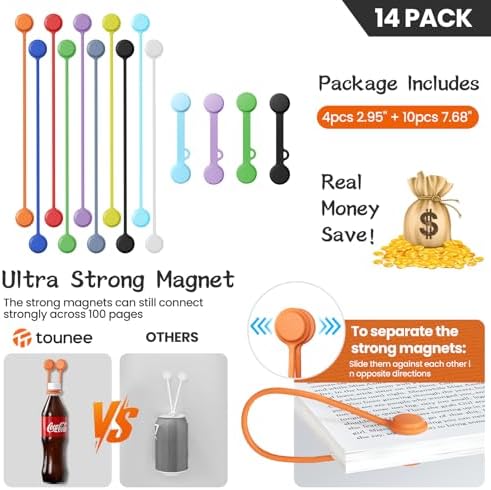 Tounee Reusable Silicone Magnetic Cable Ties - 2 Sizes Combo (4pcs 2.95'' + 10pcs 7.68'') - Multi-Purpose for Cable Bundling, Organizing, Bookmarks & Fridge Magnets - Assorted Colors, 14-Pack - Image 5