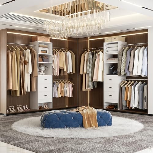 Besiost 96'' Closet Organizer System with 3 Hanging Rods, 8FT Closet Organizers and Storage with 3 Wooden Drawers, Built in Closet Organizer Systems, Adjustable Walk-in Wardrobe from 5-8FT, White - Image 2