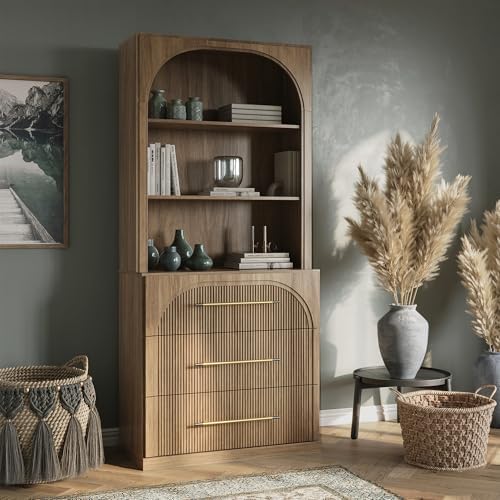 BELLEZE Display Storage Cabinet with Hutch, 72" Tall Wood Modern Bookshelf with 3 Drawers, Cabinet for Office, Study, Kitchen, Dining Living Room, Camel by BELLEZE