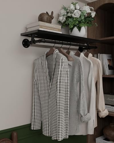 Black Clothes Rack 36in, Wall Mounted Garment Rack with Black Real Wood Shelf, Heavy Duty Hanging Clothes Rack, Multi-Purpose Hanging Rod, Space-Saving Closet Storage by INDUSTRIALSHELVESDESIGN