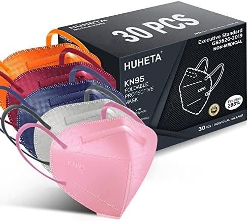 HUHETA KN95 Face Mask, 30 Pack Individually Wrapped, 5-Ply Breathable and Comfortable Safety Mask, Filter Efficiency Over 95%, Protective Cup Dust Masks Against PM2.5 (Multicolored Mask) by HUHETA