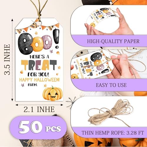 Halloween Paper Gift Tags with String-50Pcs, Here is A Treat for You Happy Halloween Tags for Goodie Bags, 2 x 3.5 Inch Writable Waterproof Hanging Labels for Decor Party Supplies, Gift Wrapping-B04 - Image 2