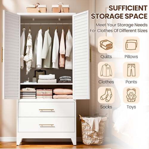 Metal Armoire Wardrobe Closet, 71" Clothing Storage Cabinets with Adjustable Hanging Rod and Shelves , Louvered Doors, 2 Side Hooks & 2 Drawers - Closet Cabinet for Bedroom, Laundry Room, Cloak Room - Image 7