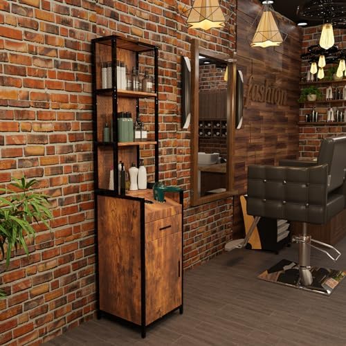 OmySalon Salon Station 3-Tier Storage Shelf, Barber Stations Beauty Spa Equipment Hair Styling Cabinet with 1 Drawer, 1 Storage Cabinet, 3 Hair Dryer Holders, Rustic Brown - Image 2