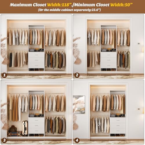 Aheaplus Closet System, 4.2-9Ft Closet Organizer with with 4 Rods, White - Image 5