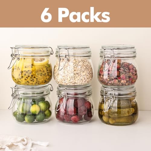 Liuruiyu 16oz - 6 Pack Round Glass Jars with Airtight Lid, Wide Mouth Mason Jars with Clamp Lids, Air Tight Glass Canisters, Food Storage Containers for Cereal, Pasta, Beans, Sugar, Coffee, Spice - Image 4