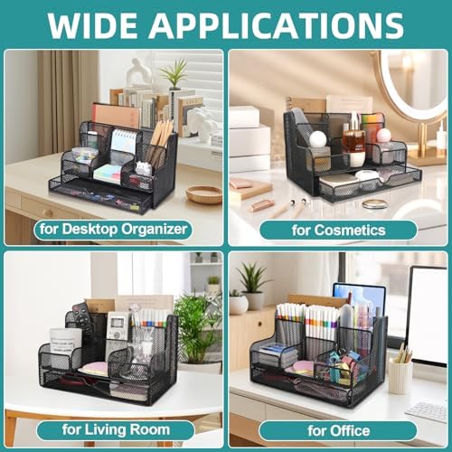 Black Mesh Desk Organizer Caddy and Accessories with 7 Compartments, Mesh Multifunctional Desktop Accessories Organizers Office Supplies Desktop Organizer for Home, Office - Image 2