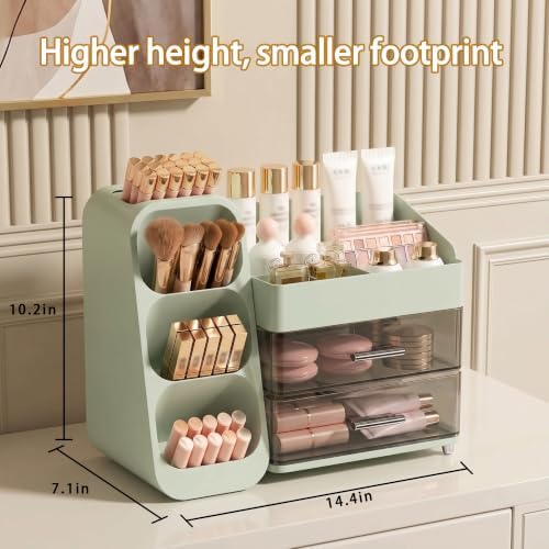 Large Capacity Makeup Organizer Countertop with Makeup Brush Holder for Vanity (Green) - Image 3