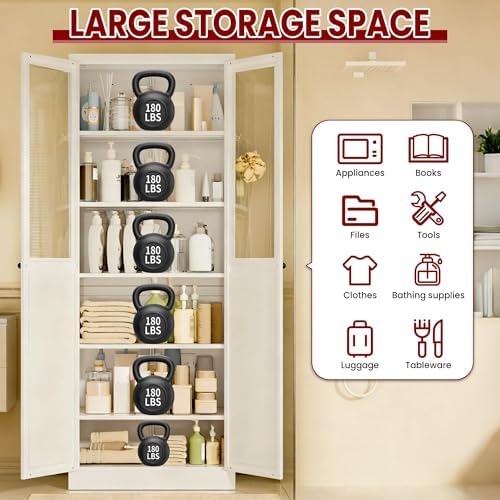 AQY Kitchen Pantry Cabinet,72" White Pantry Storage Cabinet with 5 Tire Adjustable Shelves and Glass Doors,Freestanding Cupboard,Metal Pantry Cabinets with Handle for Living Room,Assembly Required - Image 4