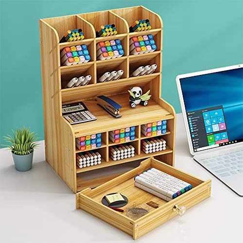 Hggzeg Wooden Desk Organizer with Drawer, Large Capacity DIY Pen Holder Storage Box Desktop Stationary Storage Rack, Pen Organizer Caddies for Office, Home and School Supplies (B16-Cherry Color) - Image 3