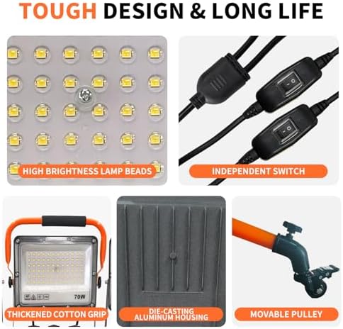 Upgrade 35000 LM Work Lights with Stand, 5 Head Portable LED Work Light with Adjustable Tripod Stand and Wheels, IP66 Waterproof, Worklight for Indoor Garage Job Site Workshop Construction Site - Image 3