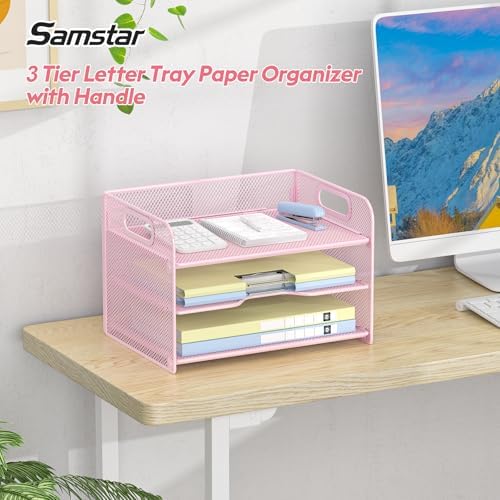 Samstar 3 Tier Pink Letter Tray Paper Organizer with Handle, Mesh Desk Organizer Paper Sorter File Rack Shelves, Pink - Image 2