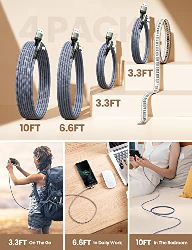 AINOPE USB C Cable 4-Pack [10/6.6/3.3/3.3FT] 3.2A 90 Degree USB C Cable Packs, Nylon Braided Angled USB C Cable Fit for Galaxy S10 S9 S8 Plus S21, Note 10 9 8, LG, Galaxy S21 Charger Fast Charging - Image 3