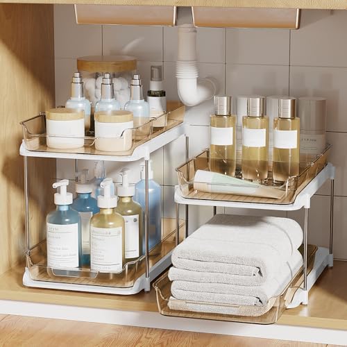 Delamu 2-Tier Multi-Purpose Bathroom Under Sink Organizers and Storage, Stackable Kitchen Pantry Organization, Pull Out Medicine Cabinet Organizer with Movable Dividers, Amber, 2 Pack - Image 6