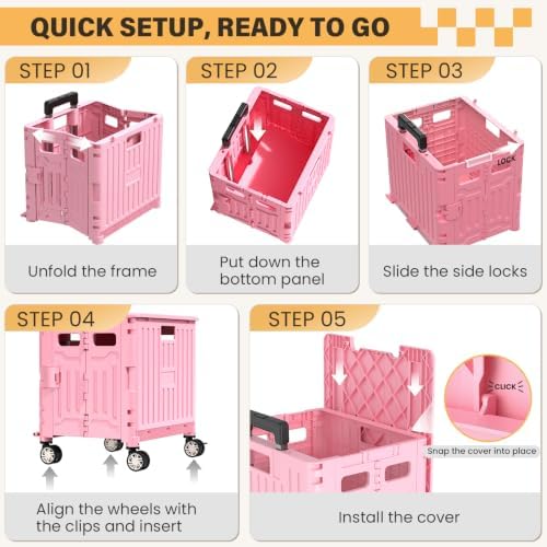 SUNALLY Folding Utility Cart Rolling Crate Handcart Shopping Trolley, Pink - Image 6