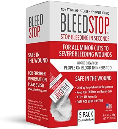 BleedStop™ First Aid Powder for Blood Clotting, Trauma Kit, Blood Thinner Patients, Camping Safety, and Survival Equipment for Moderate to Severe Bleeding Wounds or Nosebleeds 5 Pack 15g by BleedStop