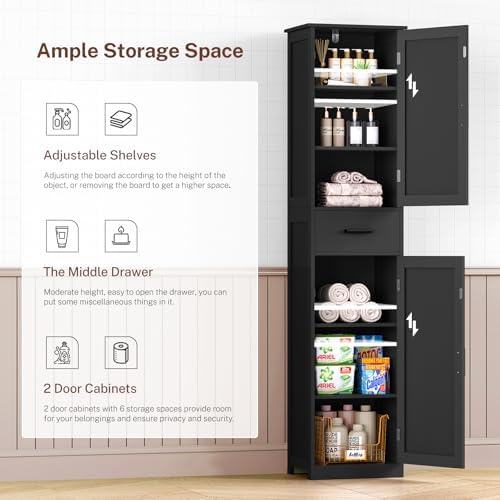 TEENFON Tall Bathroom Cabinet, Storage Cabinet with 6 Shelves & Drawer - Image 5