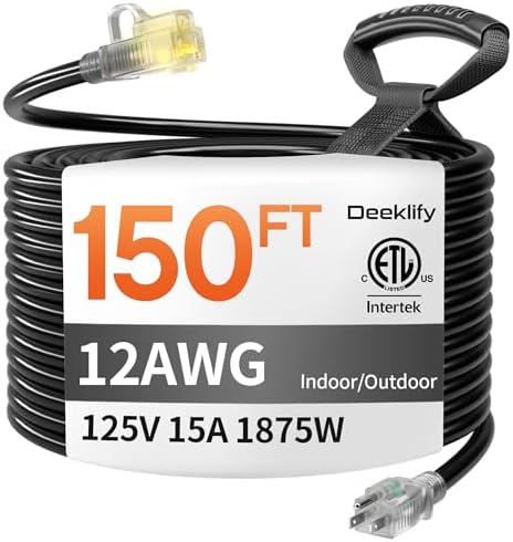 12 Gauge 150 FT Heavy Duty Outdoor Extension Cord Waterproof Black by Deeklify