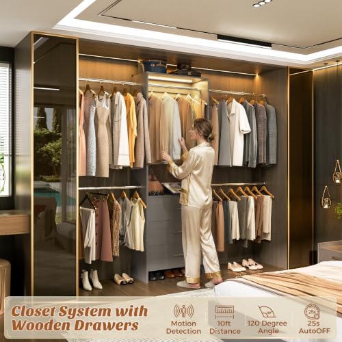 Aheaplus Closet System with Motion-Sensing Light, 3 Wooden Drawers and 4 Hanging Rods, Customizable Walk-in Closet Organizer with 3CCT LED, Heavy Duty Garment Rack for Bedroom,Grey - Image 2