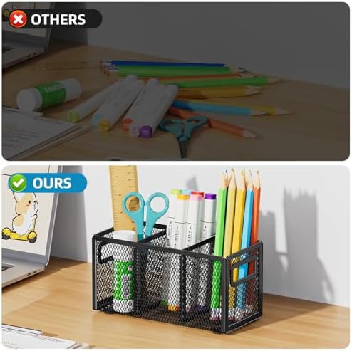 Marbrasse Mesh Pen Holder for Desk, Pencil Holder Desk Organizer 3 Adjustable Compartments, Pencil Cup with Handle Perfect for Classroom, Office, Home, Makeup, Art (Black-2P) - Image 5