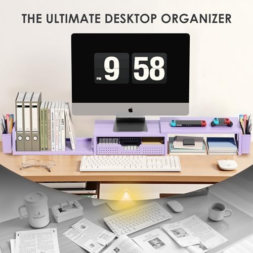 OPNICE Desk Organizers and Accessories, Dual Monitor Stand Riser with Drawer and 2 Pen Holders, Desk Shelf Computer Racks for Office Workspace Organizers, Desktop Organization (Purple) - Image 5